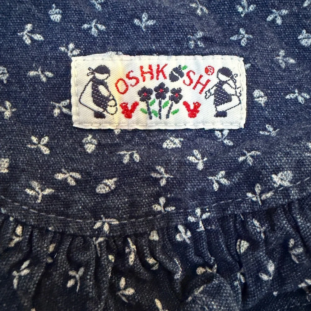 OshKosh Corduroy Dress Kids 3T Blue Vintage 90s Floral Ruffle Made in USA